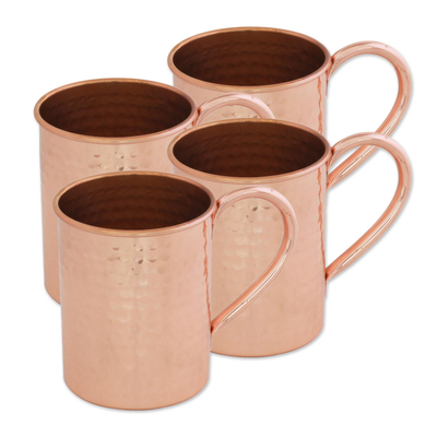 Copper mugs, 'Campfire Camaraderie' (set of 4) - Set of Four Hand Crafted Copper Handled Mugs from India