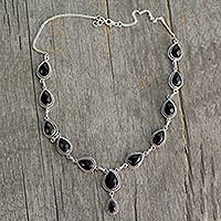 Sterling silver Y-necklace, 'Divine Night' - Indian Jewelry Glass and Sterling Silver Y Necklace 