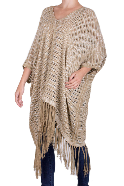Poncho de algodón - Poncho tejido de algodón marrón y marfil de Guatemala