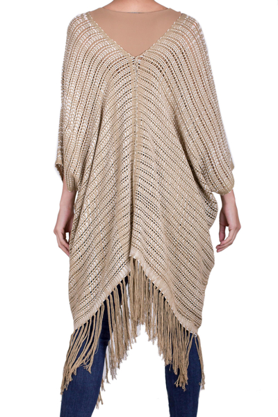 Poncho de algodón - Poncho tejido de algodón marrón y marfil de Guatemala