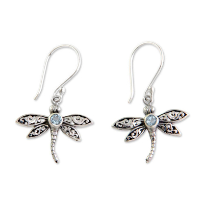 Blue topaz dangle earrings, 'Enchanted Dragonfly' - Sterling Silver and Blue Topaz Dangle Earrings
