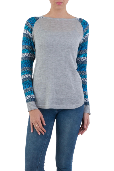 Cotton blend sweater, 'Garden Vine in Ash Grey' - Light Grey Tunic Sweater with Multi Color Floral Sleeves