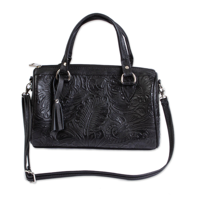 Leather handbag, 'Black Garden' - Floral and Leaf Pattern Black Leather Handbag from Mexico