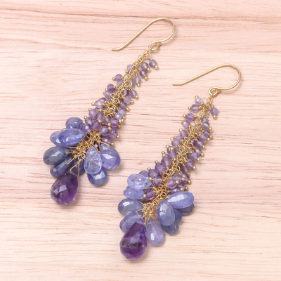 Gold accented amethyst and tanzanite cluster earrings, 'Delightful Cascade' - Gold Accented Amethyst and Tanzanite Cluster Earrings