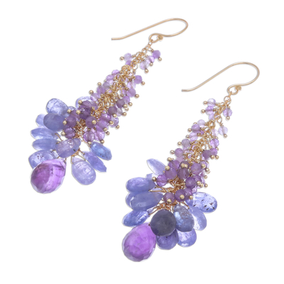 Gold accented amethyst and tanzanite cluster earrings, 'Delightful Cascade' - Gold Accented Amethyst and Tanzanite Cluster Earrings