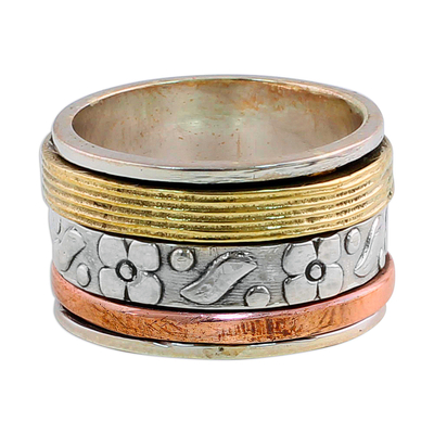 Sterling silver meditation spinner ring, 'Floral Sheen' - Sterling Silver Copper and Brass Indian Floral Spinner Ring
