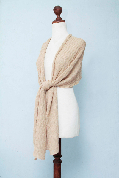 100% alpaca shawl, 'Nutmeg Zigzag' - Women's Alpaca Wool Solid Shawl