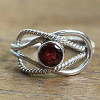 Garnet solitaire ring, 'Captured Gem' - Wire Pattern Garnet Solitaire Ring from Bali