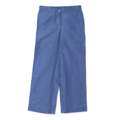 Linen blend pants, 'Relaxed Yet Refined' - Azure Blue Linen Blend Relaxed Fit Pants from India