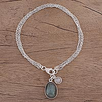 Labradorite and rainbow moonstone charm bracelet, 'Twinkling Harmony' - Labradorite and Rainbow Moonstone Charm Bracelet from India