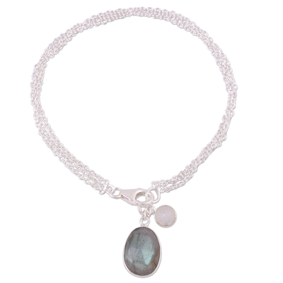 Labradorite and rainbow moonstone charm bracelet, 'Twinkling Harmony' - Labradorite and Rainbow Moonstone Charm Bracelet from India