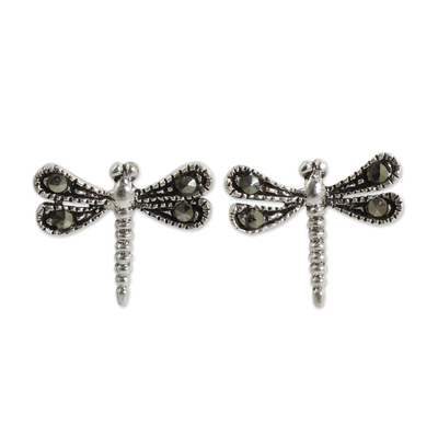 Sterling silver and marcasite stud earrings, 'Petite Dragonflies' - Sterling Silver Artisan Crafted Stud Earrings from Thailand