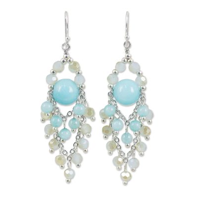 Blue quartz chandelier earrings, 'Brilliant Meteor' - Beaded Chandelier Earrings with Blue Quartz and Glass Beads