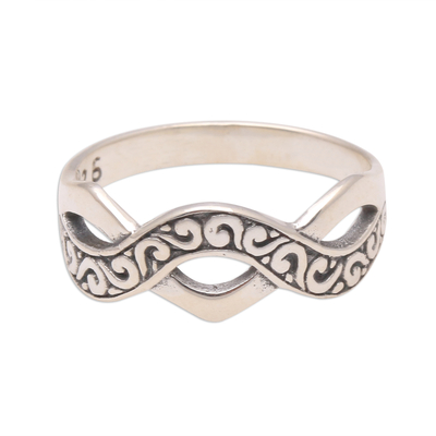 Sterling silver band ring, 'Curling Current' - Curl Pattern Sterling Silver Band Ring from Bali