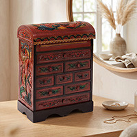 Wood and leather jewelry box, 'Garden Hummingbirds' - Peruvian Hand Carved Cedar Wood Jewelry Box with Mirror