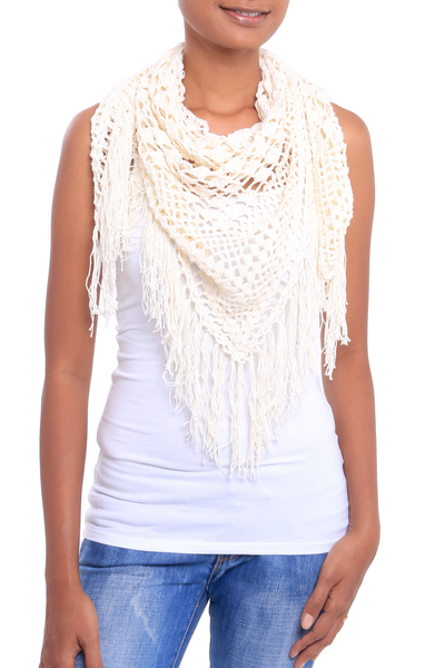 Cotton shawl, 'Tegalalang Palace in Ivory' - Hand-Crocheted Cotton Shawl in Ivory from Bali