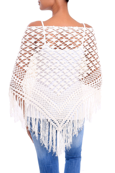 Cotton shawl, 'Tegalalang Palace in Ivory' - Hand-Crocheted Cotton Shawl in Ivory from Bali