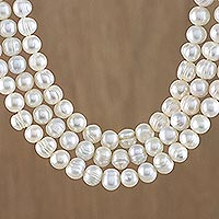 Cultured pearl strand necklace, 'Triple White Halo' - Artisan Crafted Thai Triple White Pearl Strand Necklace