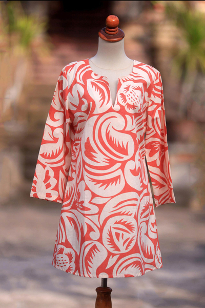 Cotton tunic, 'Alexia in Persimmon' - Handcrafted Orange and Cream Tunic from Bali