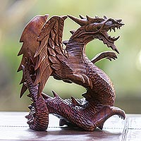 Wood statuette, 'Winged Dragon'