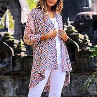 Rayon kimono, 'Kelud Crisscross' - Chili and Azure Printed Rayon Kimono from Bali