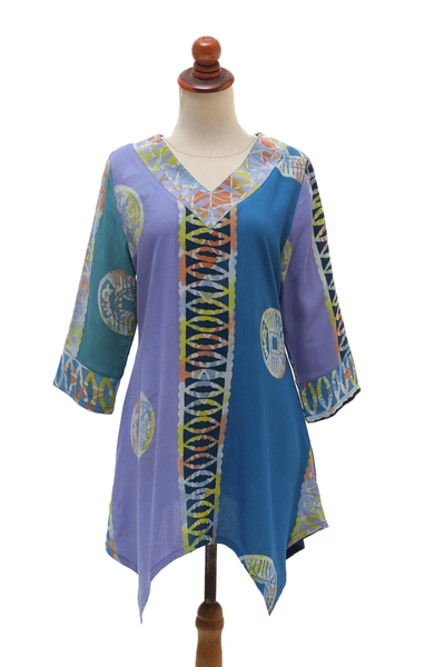 Batik rayon tunic, 'Balinese Waters' - Blue and Purple Batik Rayon Tunic from Bali