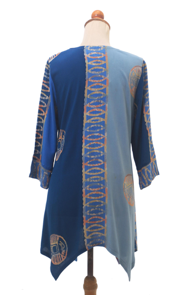 Batik rayon tunic, 'Balinese Waters' - Blue and Purple Batik Rayon Tunic from Bali