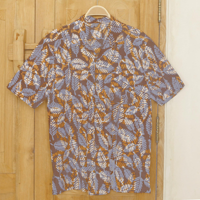 Men's cotton shirt, 'Brown Leaf Shadows' - Men's Short Sleeved Brown Cotton Batik Shirt from Bali