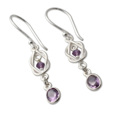 Amethyst dangle earrings, 'Violet Knot' - India Artisan Crafted Amethyst and Silver Earrings