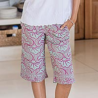 Rayon batik shorts, 'Gingko Leaf' - Batik Rayon Kimono Jacket in Mint and Magenta from Bali