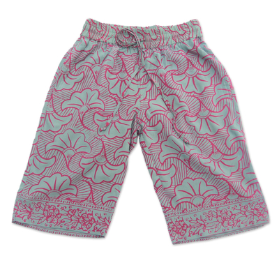 Rayon batik shorts, 'Gingko Leaf' - Batik Rayon Kimono Jacket in Mint and Magenta from Bali