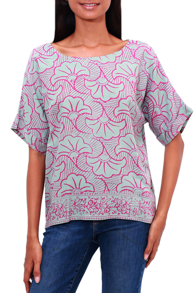 Rayon-Batik-Shirt, 'Gingko Leaf' - Batik-Rayon-Shirt in Mint und Magenta aus Bali