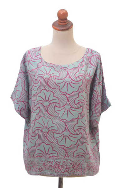 Rayon-Batik-Shirt, 'Gingko Leaf' - Batik-Rayon-Shirt in Mint und Magenta aus Bali