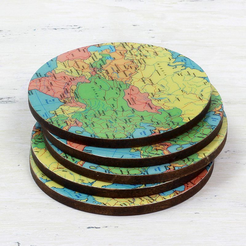 Round Map Coaster 5 Round Laminated Wood Coasters of World Map from India - Round Map ...