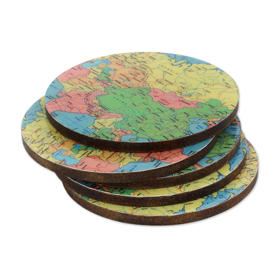 Posavasos de madera, (juego de 5) - 5 Posavasos Redondos de Madera Laminada con Mapa Mundial de la India