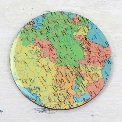 Wood coasters, 'Round Map' (set of 5) - 5 Round Laminated Wood Coasters of World Map from India