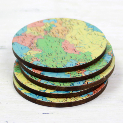 Holzuntersetzer, (5er-Set) - 5 runde Untersetzer aus laminiertem Holz mit Weltkarte aus Indien