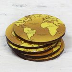 Wood coasters, 'Brown Cartography' (set of 5) - 5 Round Laminated Wood Coasters in Brown from India