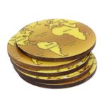 Wood coasters, 'Brown Cartography' (set of 5) - 5 Round Laminated Wood Coasters in Brown from India