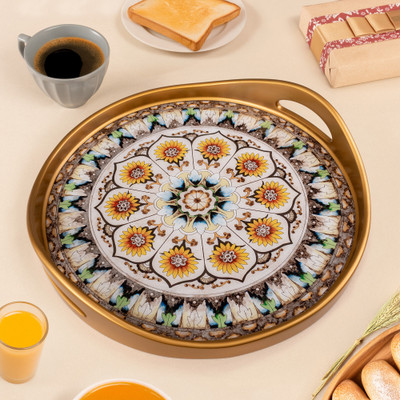 Reverse-painted glass tray, 'Blue Andean Mandala' - Andean Sunflower Theme Reverse-Painted Glass Tray