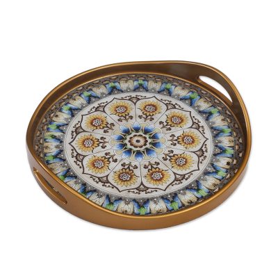 Reverse-painted glass tray, 'Blue Andean Mandala' - Andean Sunflower Theme Reverse-Painted Glass Tray
