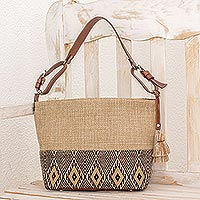 Leather accent cotton shoulder bag, 'Maya Ixcaco' - Leather-Accented All Cotton Maya Style Shoulder Bag