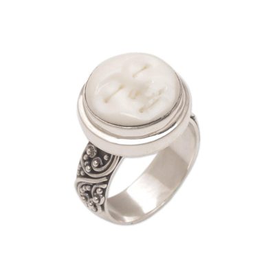 Sterling silver cocktail ring, 'Serene Repose' - Hand Carved Bone and Sterling Silver Face Ring