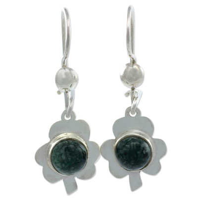 Jade dangle earrings, 'Dark Green Clover' - Jade and Sterling Dangle Earrings
