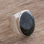 Men's jade ring, 'Truth and Life in Dark Green' - Handmade Men's Dark Green Jade Cocktail Ring from Guatemala