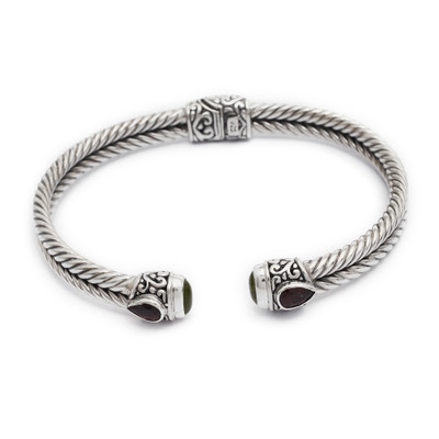 Garnet and peridot cuff bracelet, 'Flower Buds' - Braided Sterling Silver Cuff with Peridot and Garnet Gems