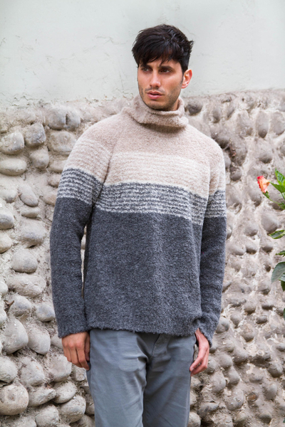 Men's alpaca blend sweater, 'Signs of the Earth' - Men's Baby Alpaca Grey and White Turtleneck