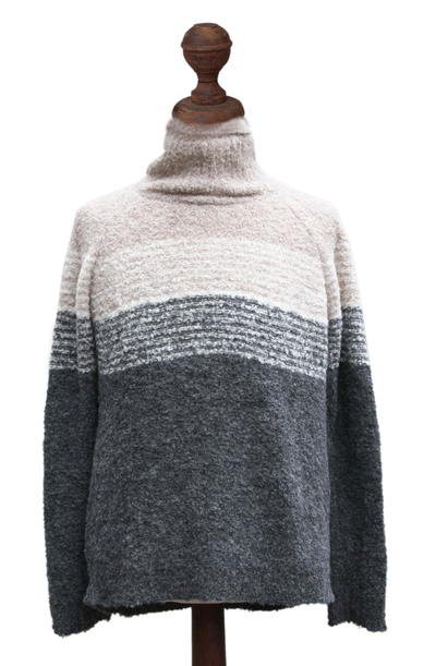 Men's alpaca blend sweater, 'Signs of the Earth' - Men's Baby Alpaca Grey and White Turtleneck