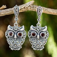 Marcasite and garnet dangle earrings, 'Curious Owl' - Thai  Silver and Marcasite Owl Earrings with Garnet