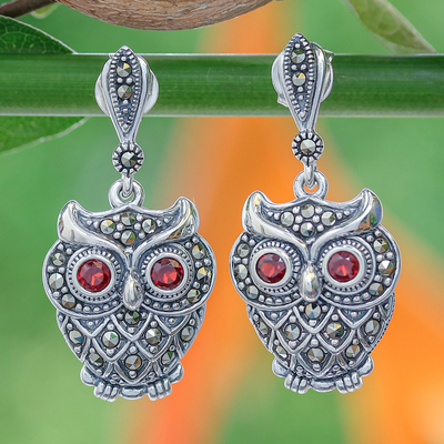 Marcasite and garnet dangle earrings, 'Curious Owl' - Thai  Silver and Marcasite Owl Earrings with Garnet